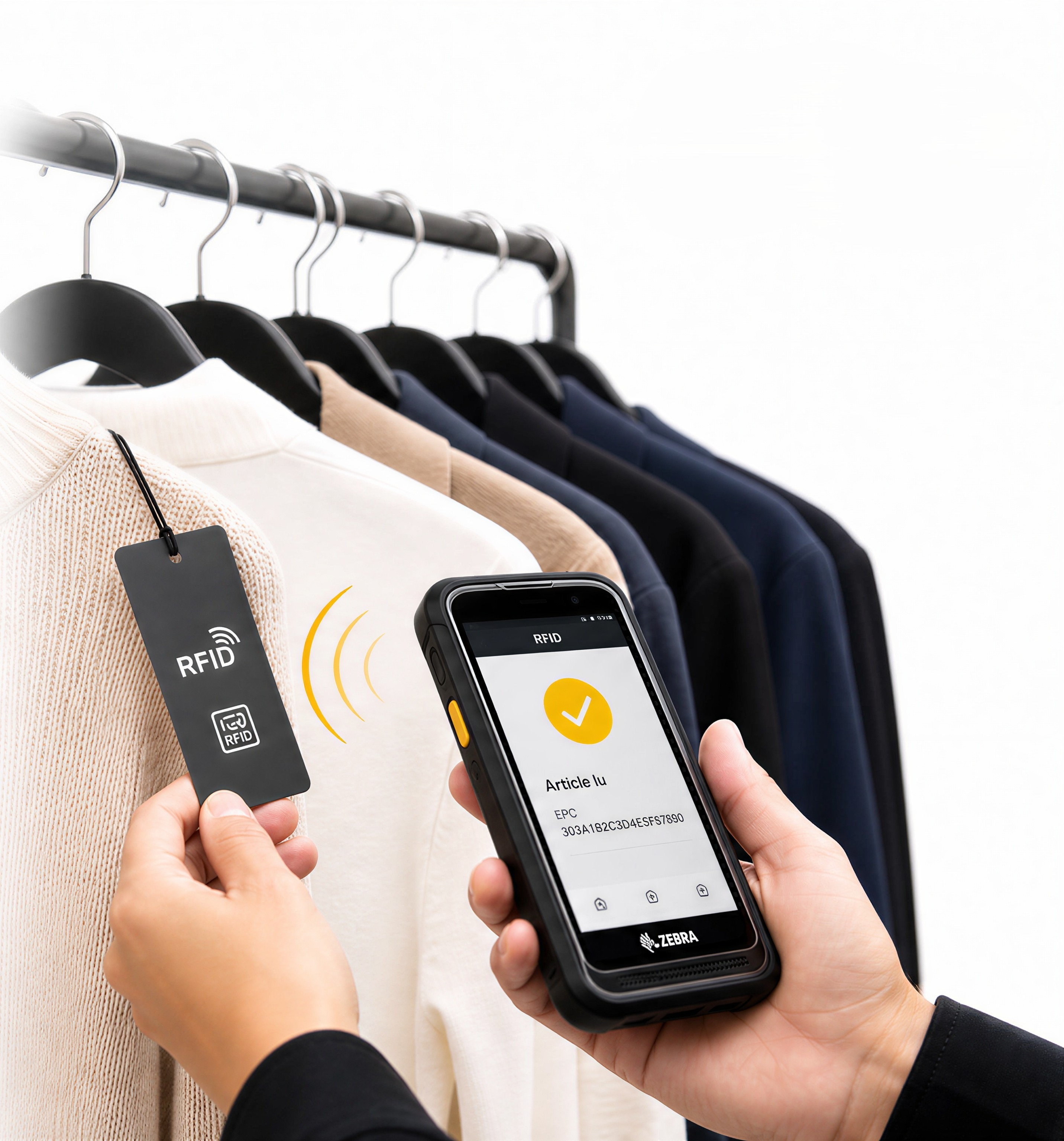 RFID dans le retail : lecture d'&eacute;tiquettes sur des v&ecirc;tements avec un terminal portable