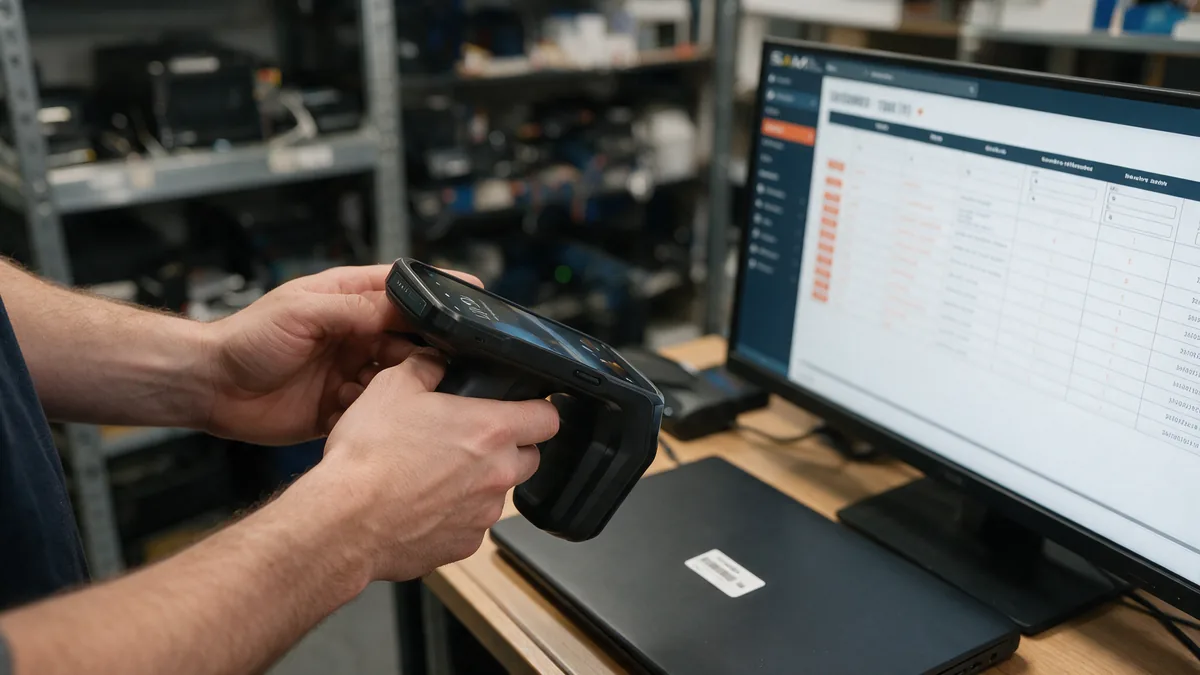 Terminal RFID Zebra TC22R point&eacute; vers un ordinateur portable &eacute;tiquet&eacute; UHF, le registre SAM affich&eacute; &agrave; l&rsquo;&eacute;cran