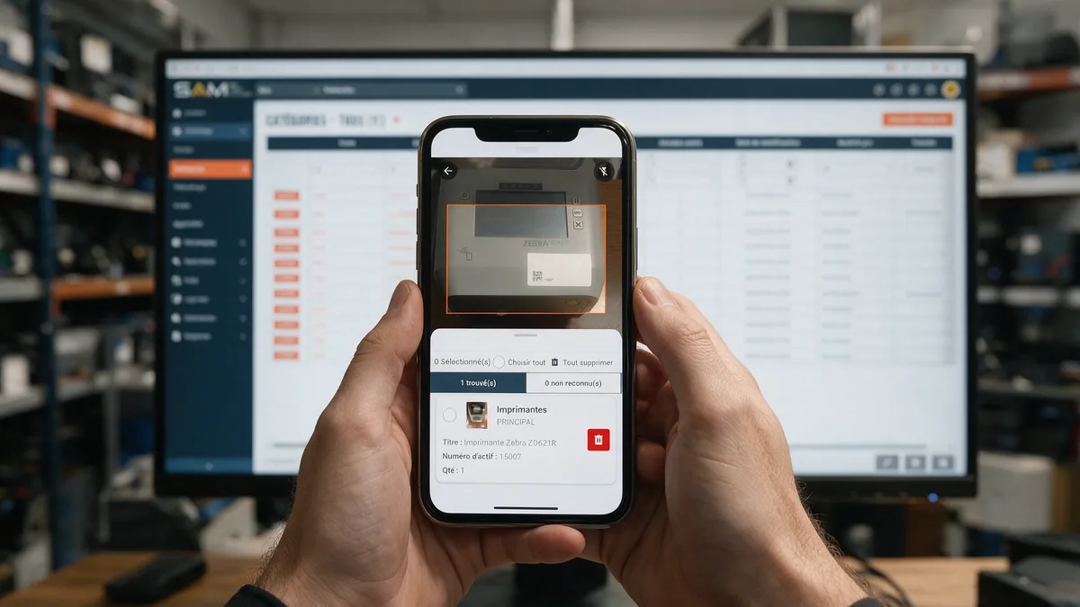 Scan dans l&rsquo;application mobile SAM : l&rsquo;&eacute;tiquette d&rsquo;une imprimante Zebra est reconnue, la fiche s&rsquo;affiche avec son num&eacute;ro d&rsquo;actif