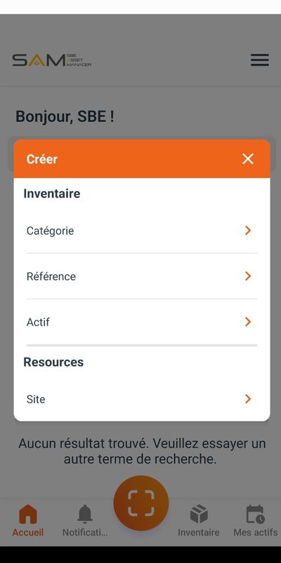 Menu Créer de l’application SAM : catégorie, référence, actif, site