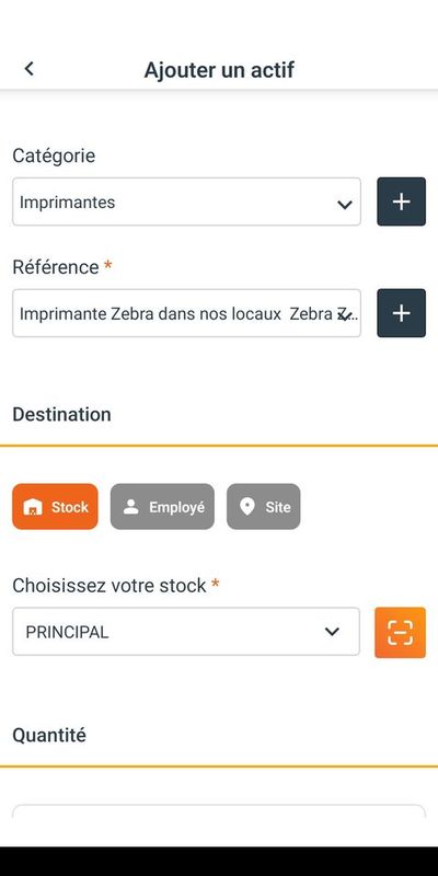 Formulaire d’ajout d’un actif SAM : catégorie, référence et destination