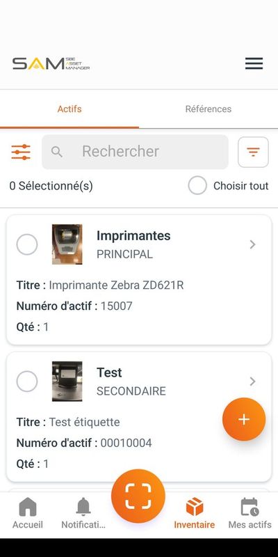 Liste des actifs SAM avec catégorie, stock et numéro d’actif