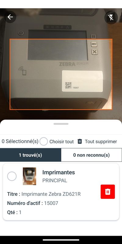 Scan SAM d’une étiquette reconnue : équipement trouvé avec sa fiche résumée