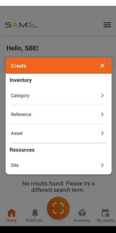 SAM Create menu: category, reference, asset, site
