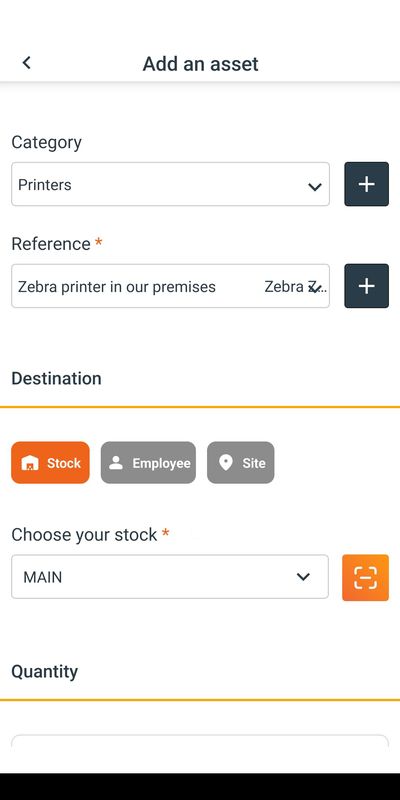 SAM add asset form: category, reference and destination