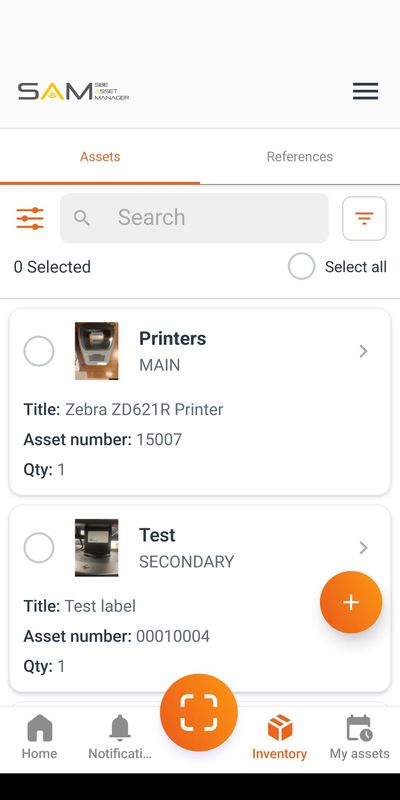 SAM asset list with category, stock and asset number