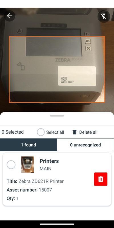 SAM scan of a recognised label: asset found with its summary
