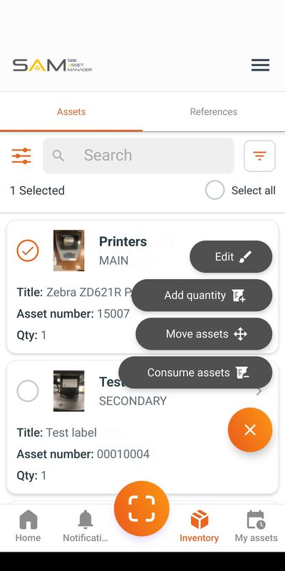 SAM asset actions: edit, move, add quantity, consume
