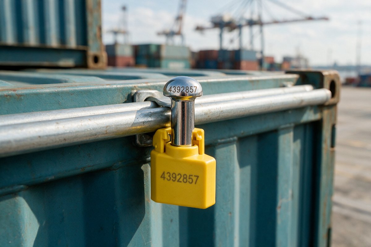 Scellé à clou grade H posé sur la barre de fermeture d'une porte de conteneur