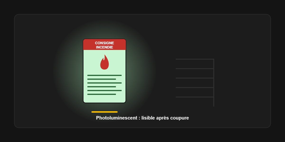 Panneau consigne incendie photoluminescent lisible dans un escalier non &eacute;clair&eacute;