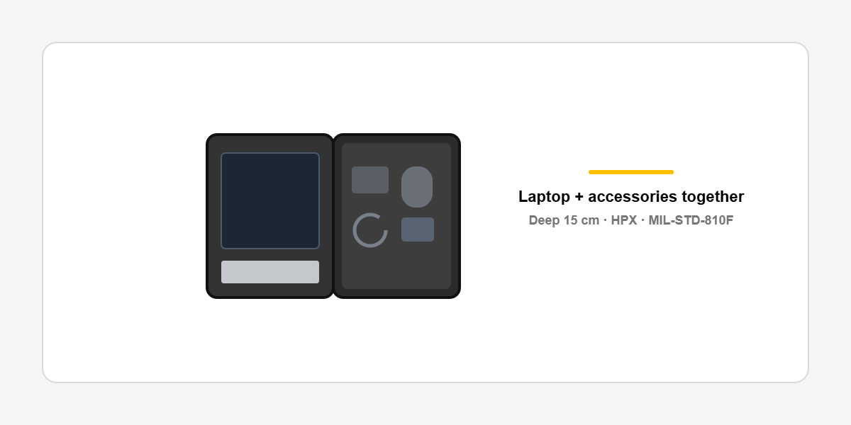 waterproof case open with a laptop and its accessories