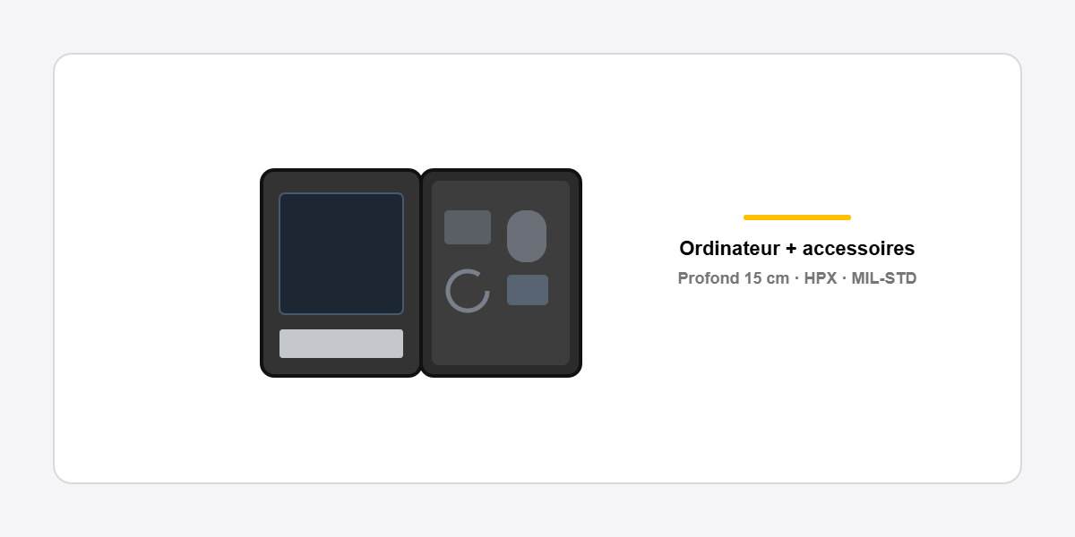 mallette &eacute;tanche ouverte avec un ordinateur portable et ses accessoires