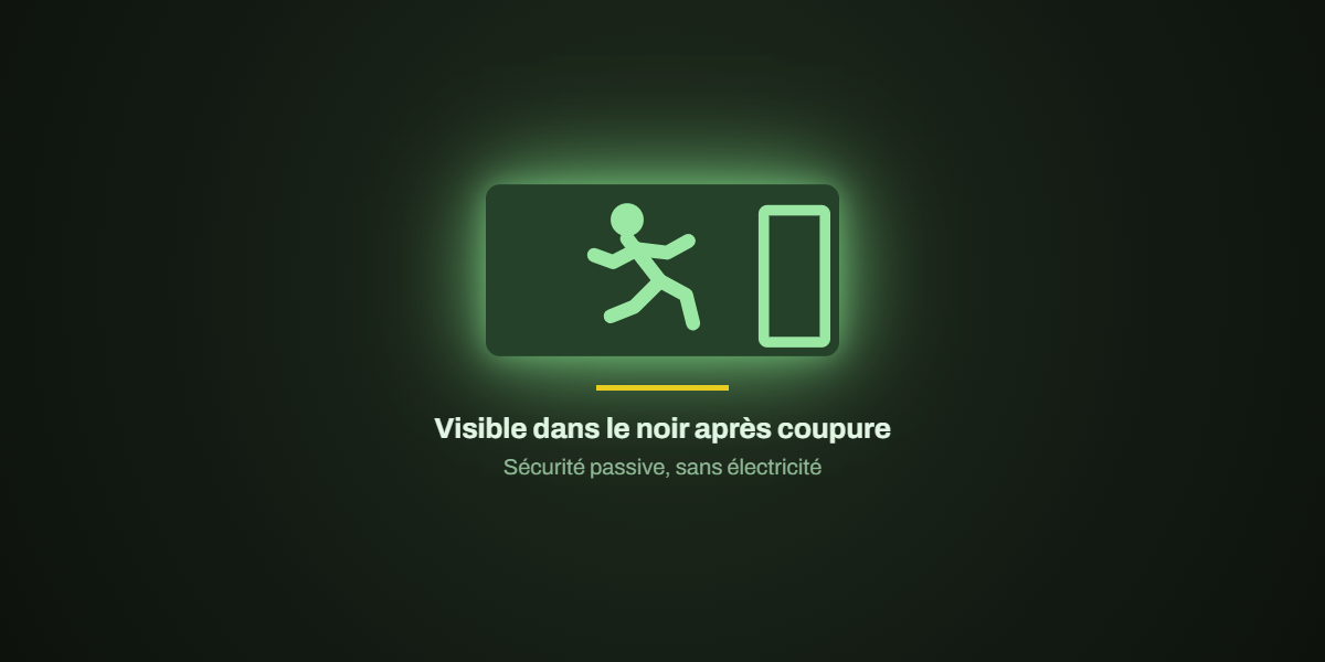 panneau picto vers porte droite photoluminescent visible dans le noir après coupure