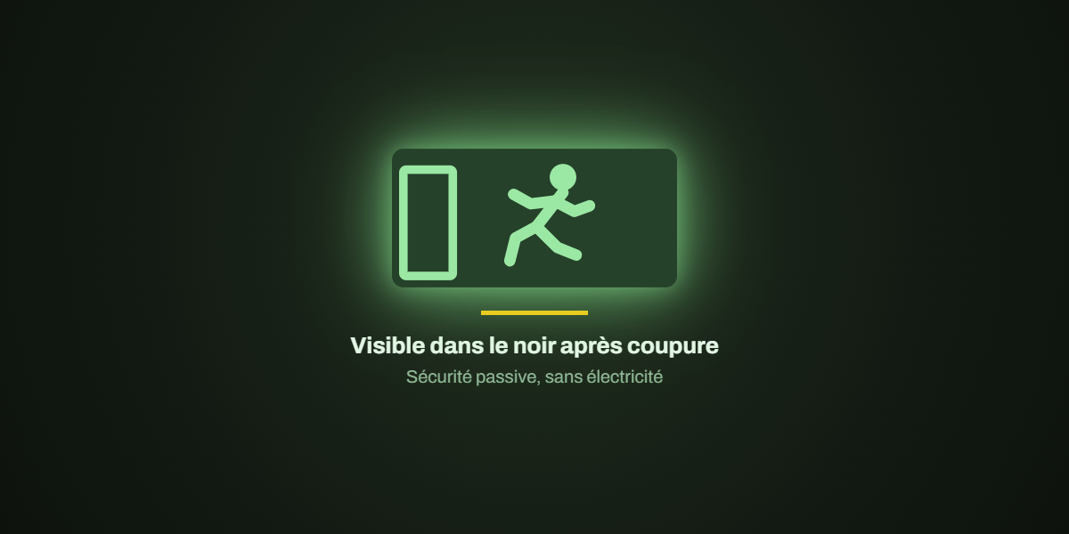 panneau picto vers porte gauche photoluminescent visible dans le noir après coupure