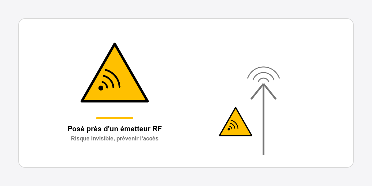 panneau radiations non ionisantes pos&eacute; pr&egrave;s d'un &eacute;metteur RF ISO 7010
