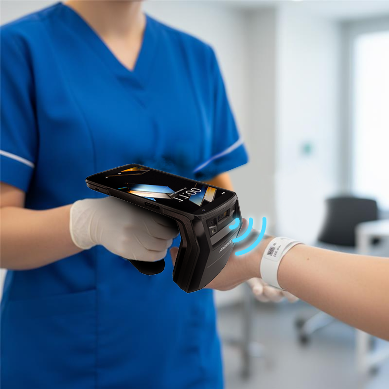 Healthcare staff identifying a patient and locating medical equipment using UHF RFID tags