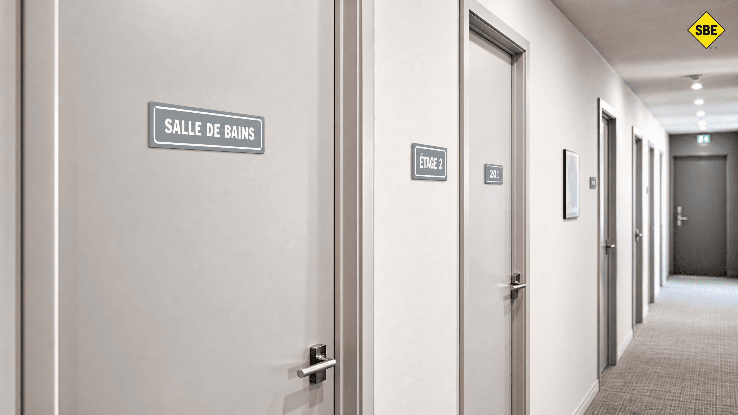Grey wayfinding signage along a residence corridor